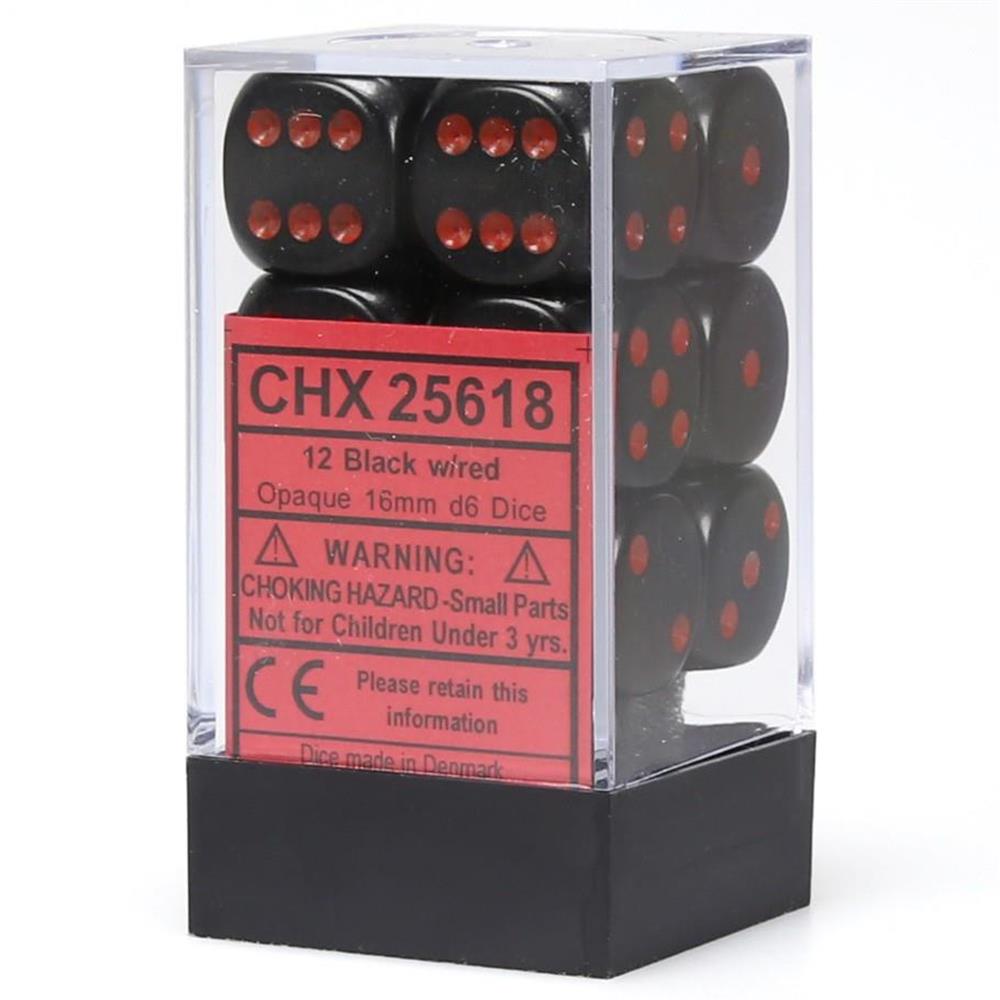 Chessex Opaque 16mm d6 Dice Block - Black/Red (12 Dice) (CHX25618)
