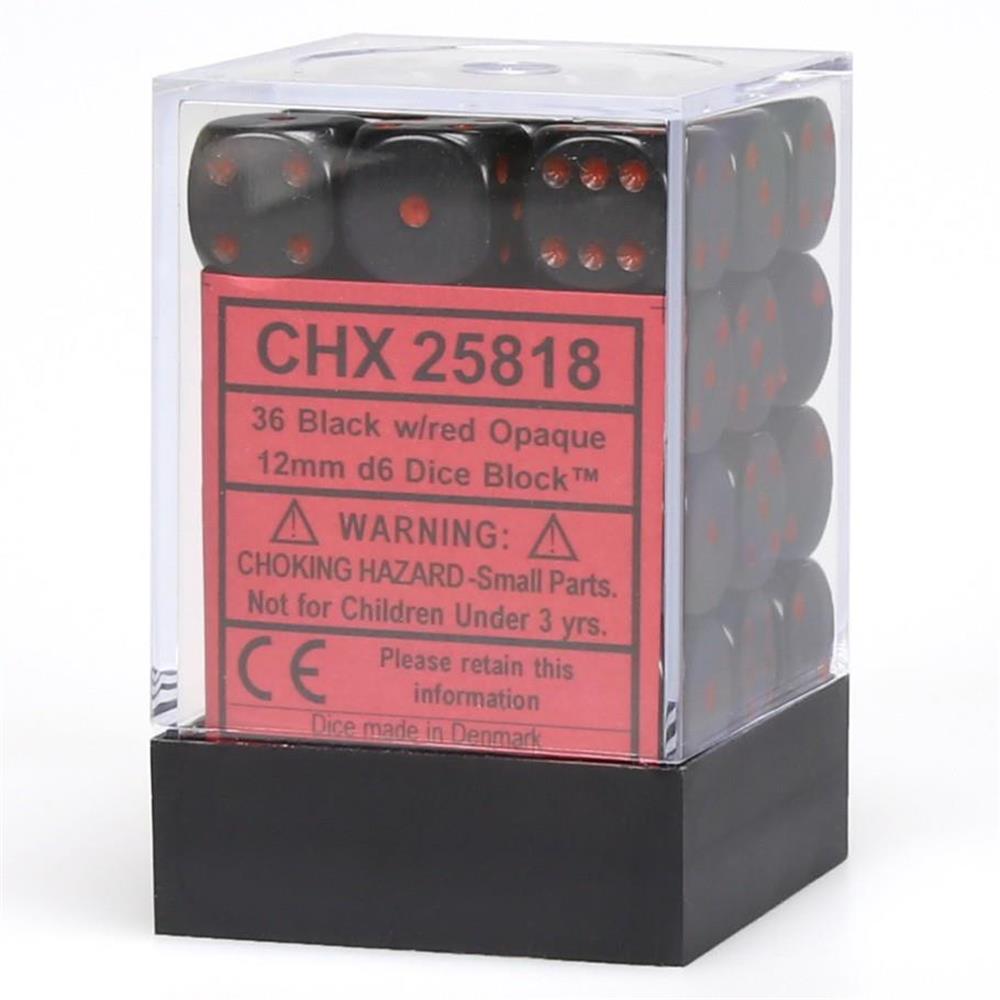Chessex Opaque 12mm d6 Dice Block - Black/Red (36 Dice) (CHX25818)