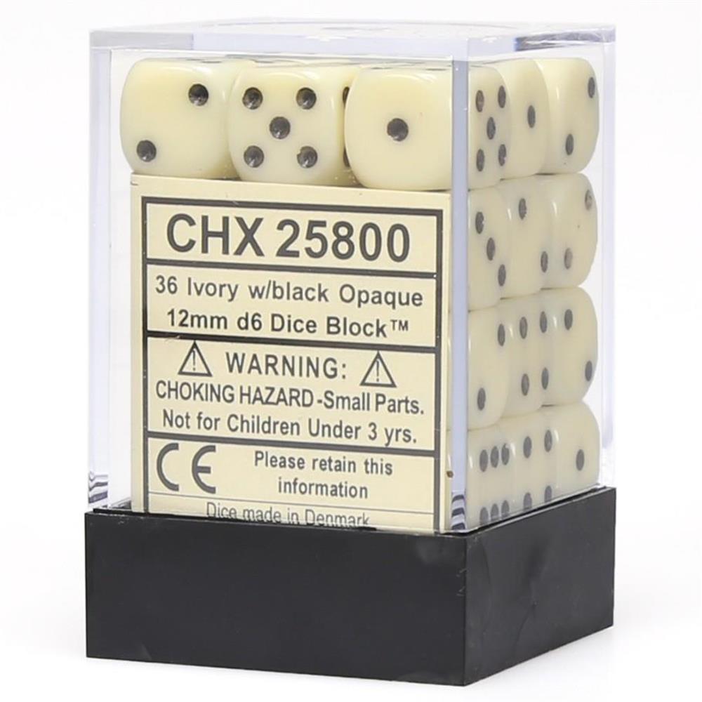 Chessex Opaque 12mm d6 Dice Block - Ivory/Black (36 Dice) (CHX25800)