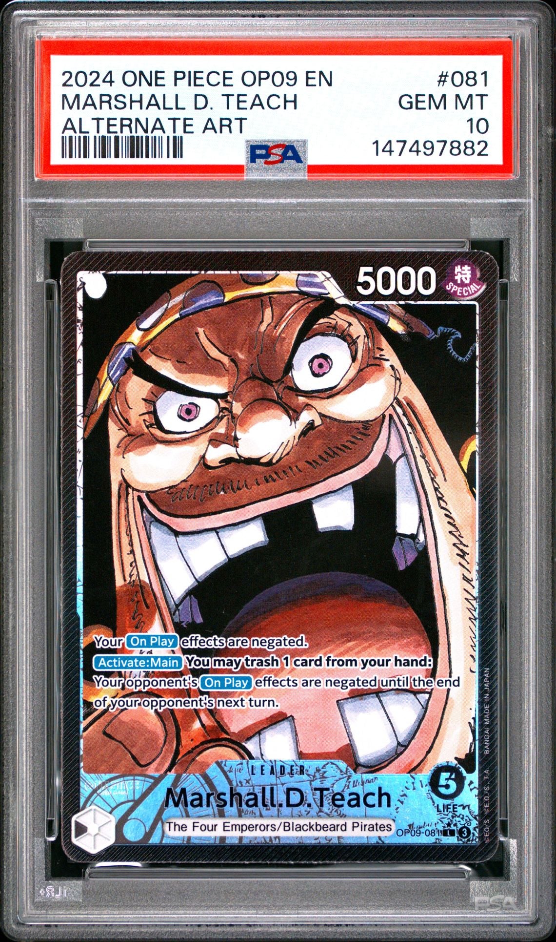 Official PSA cert photo - Marshall D. Teach L OP09-08 Alt Art Leader One Piece Card Game - PSA 10