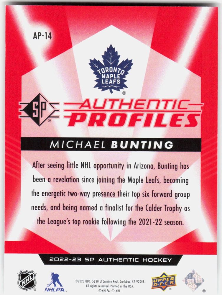 Michael Bunting 2022-23 SP Authentic Profiles Red #AP-14 (/149)