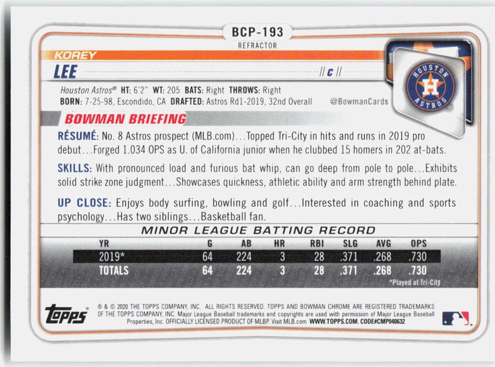 Korey Lee 2020 Bowman Chrome Prospects Refractor #BCP-193 (/499)