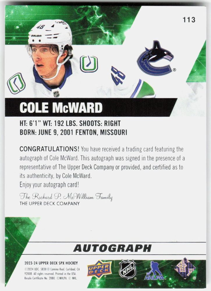 Cole McWard 2023-24 Upper Deck SPx Rookies Autograph #113