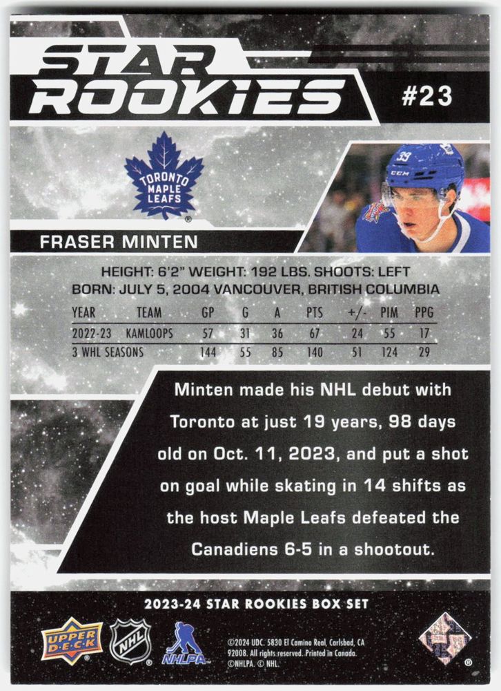 Fraser Minten 2023-24 Upper Deck Star Rookies #23