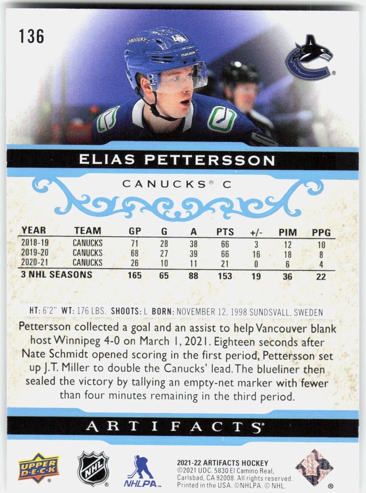 Elias Pettersson 2021-22 Upper Deck Artifacts #136 (/85)