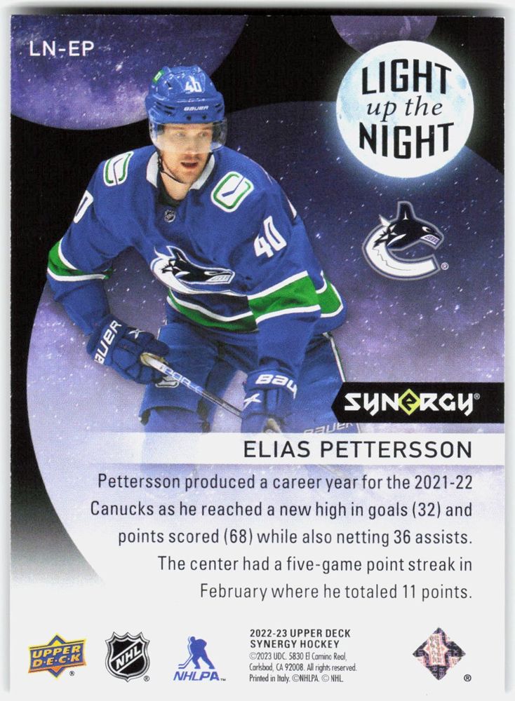 Elias Pettersson 2022-23 Upper Deck Synergy Light Up the Night #LN-EP (/899)