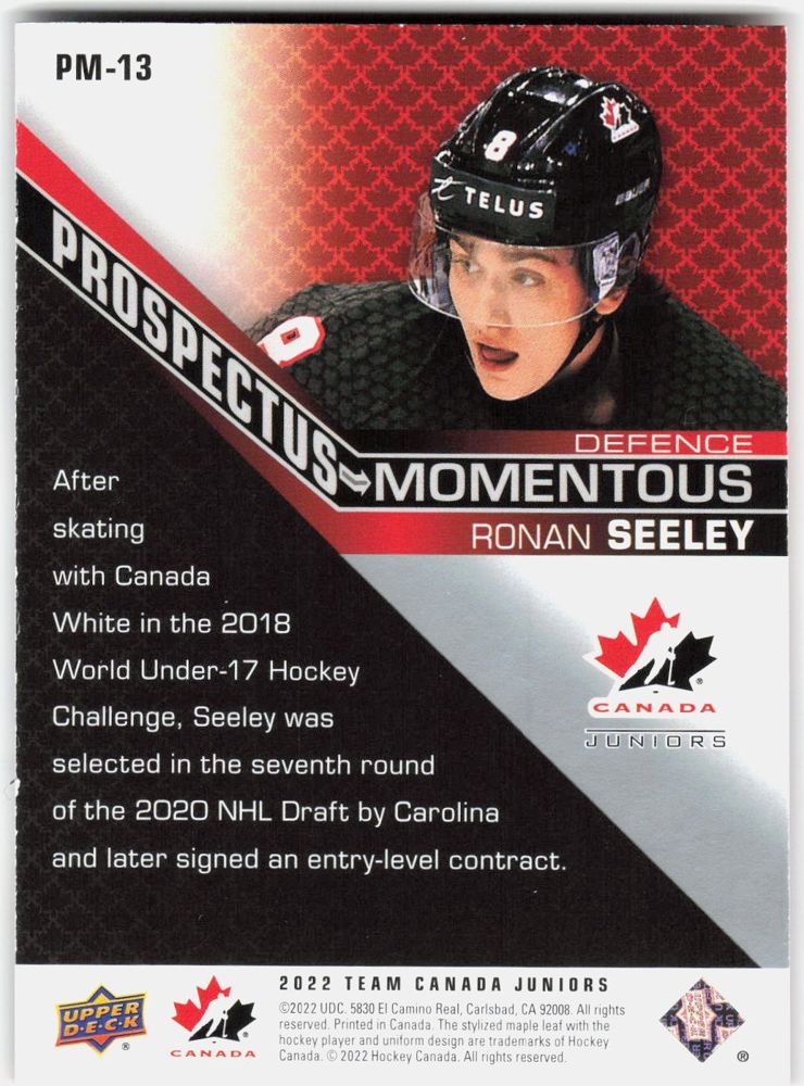 Ronan Seeley 2022 Upper Deck Team Canada Juniors Prospectus Momentous Red #PM-13 (/75)