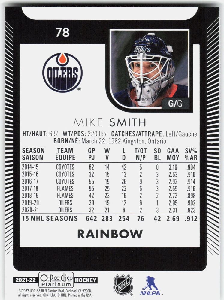 Mike Smith 2021-22 O-Pee-Chee Platinum Rainbow #78