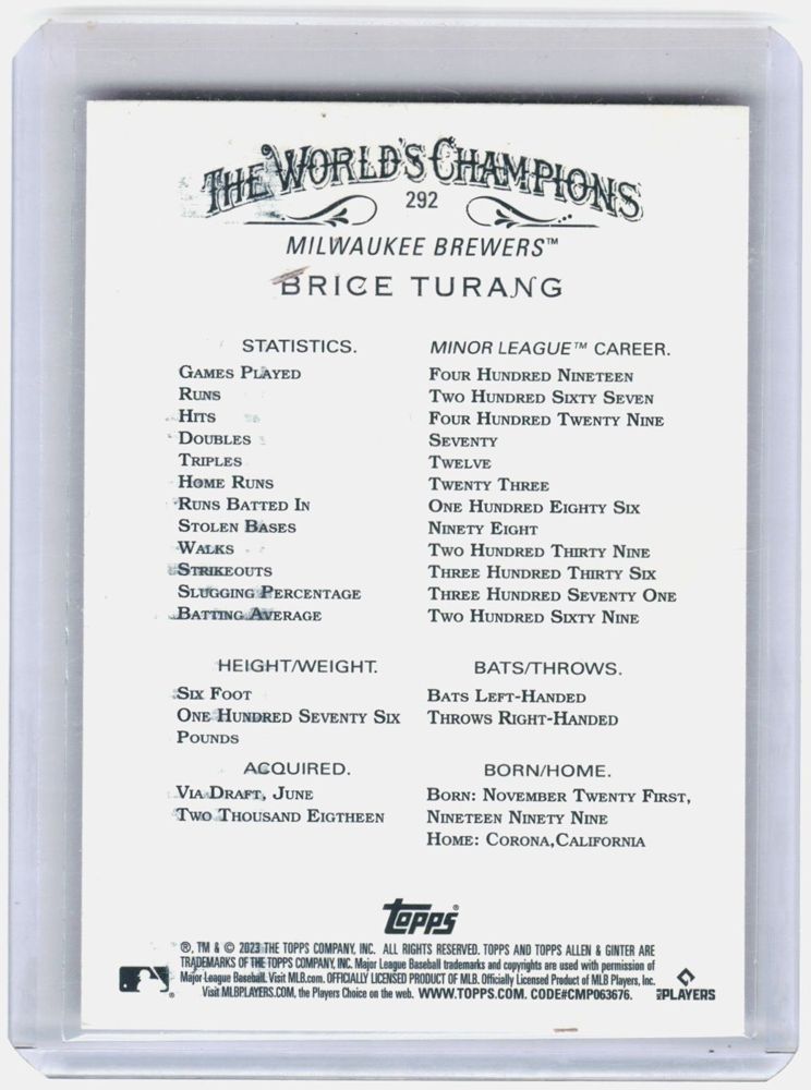 Brice Turang 2023 Topps Allen & Ginter Rookie #292