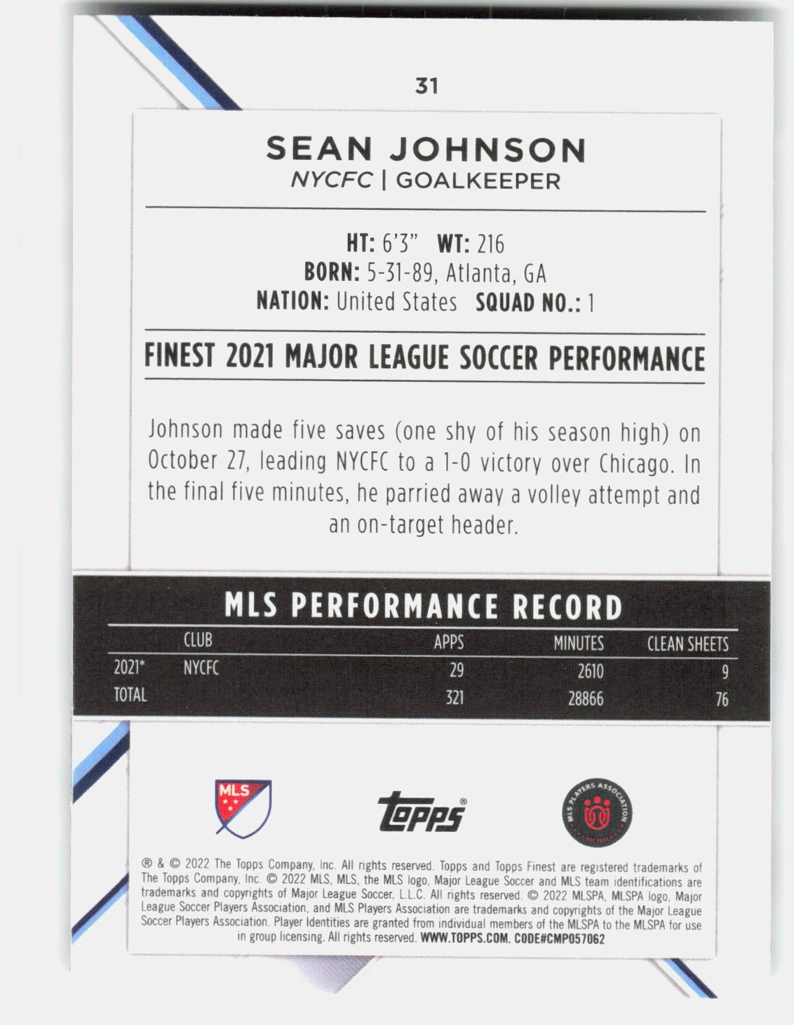 Sean Johnson 2022 Topps Finest MLS #31 back