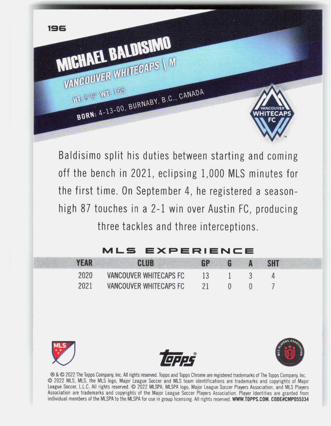 Michael Baldisimo 2022 Topps Chrome MLS Rookie #196 back