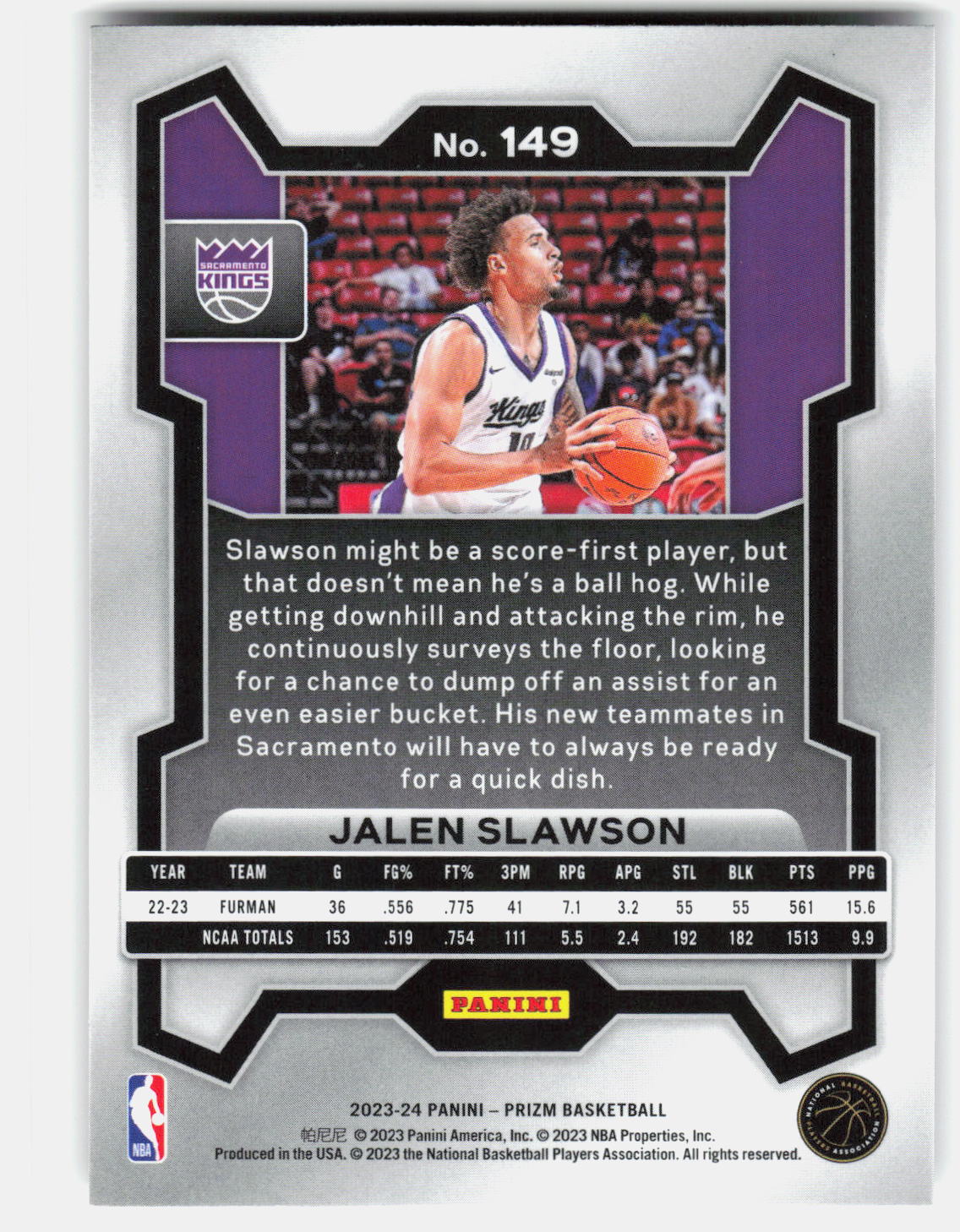 Jalen Slawson 2023-24 Panini Prizm Rookie #149 back