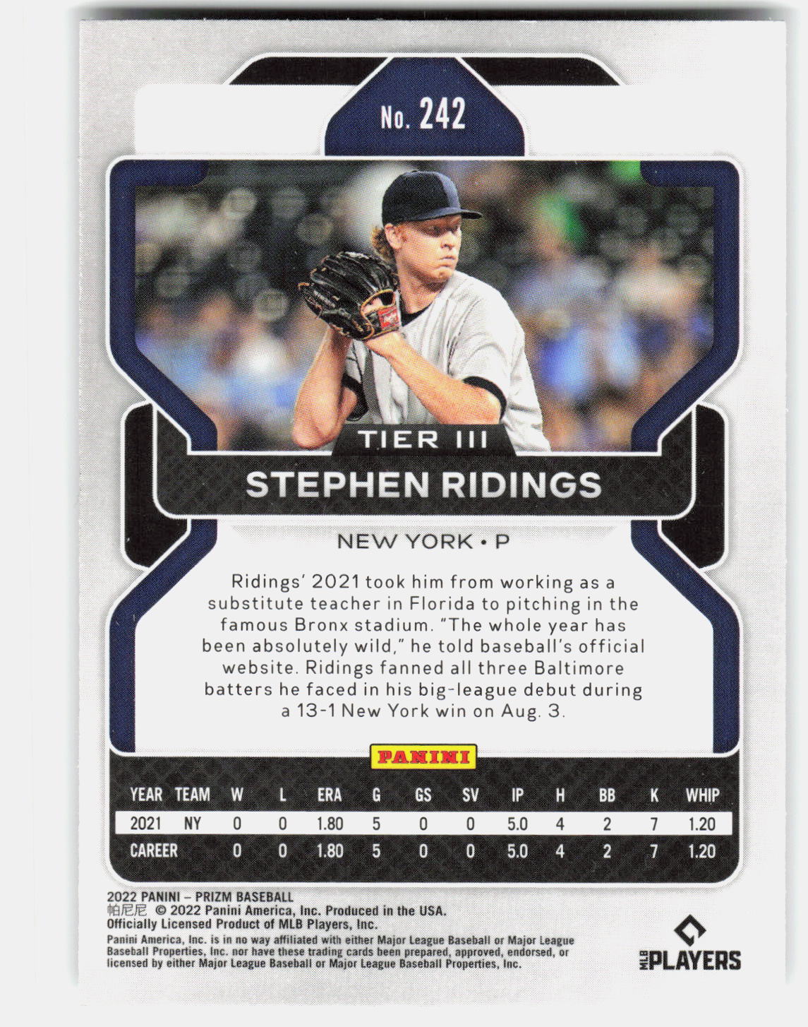Stephen Ridings 2022 Panini Prizm Rookie #242 back