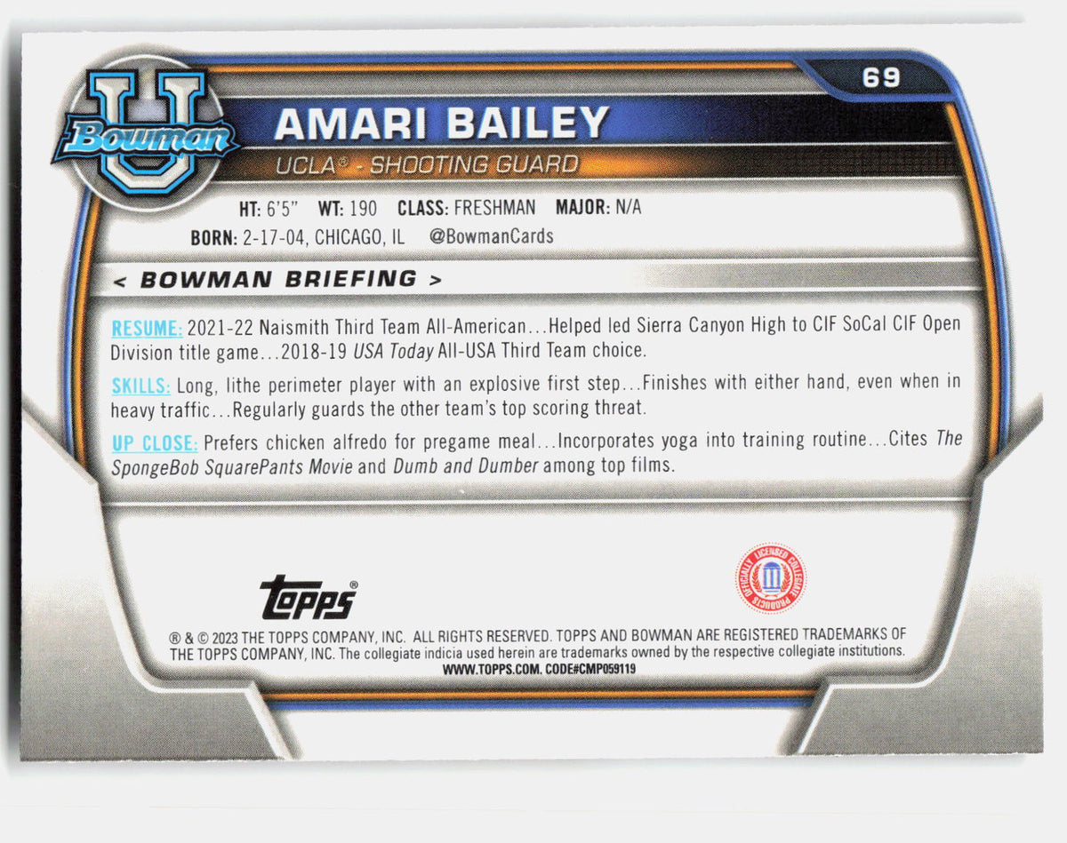 Amari Bailey 2022-23 Bowman University Chrome 1st Bowman #69 back
