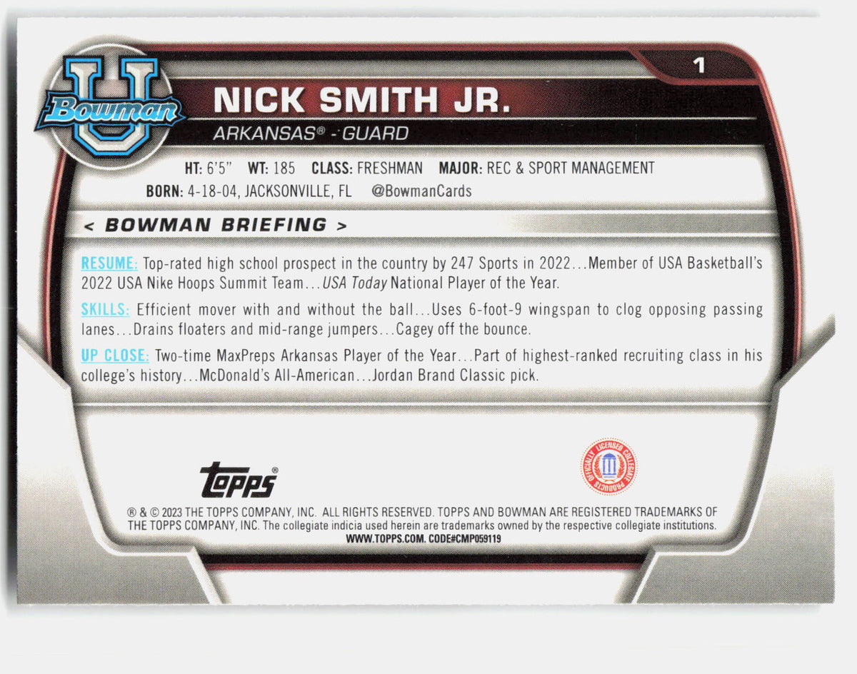 Nick Smith Jr. 2022-23 Bowman University Chrome 1st Bowman #1 back
