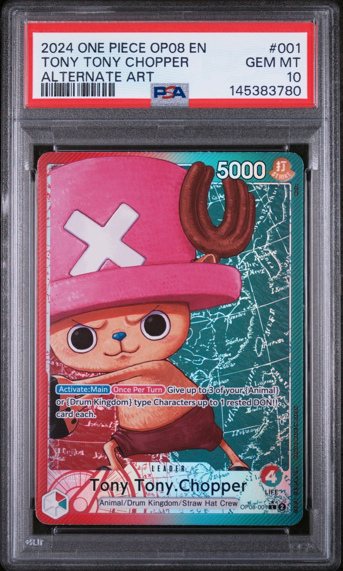 Official PSA cert photo - One Piece Tony Tony Chopper OP08-001 Two Legends Alt Art Leader Psa 10