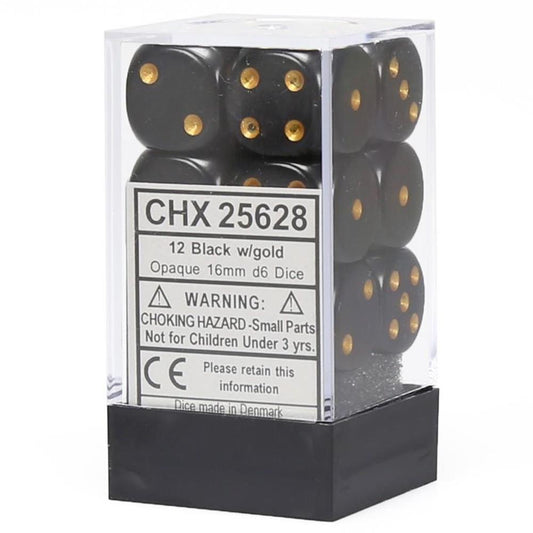 Chessex Opaque 16mm d6 Dice Block - Black/Gold (12 Dice) (CHX25628)