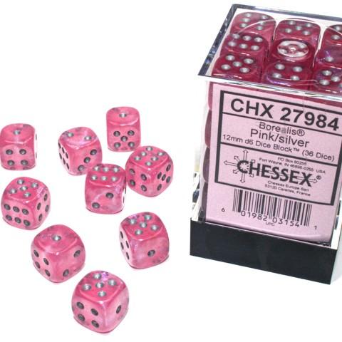 Chessex Borealis 12mm d6 Dice Block - Pink/Silver Luminary (36 Dice) (CHX27978)