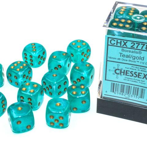 Chessex Borealis 16mm d6 Dice Block - Teal/Gold Luminary (12 Dice) (CHX27687)