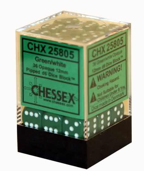Chessex Opaque 12mm d6 Dice Block - Green/White (36 Dice) (CHX25805)