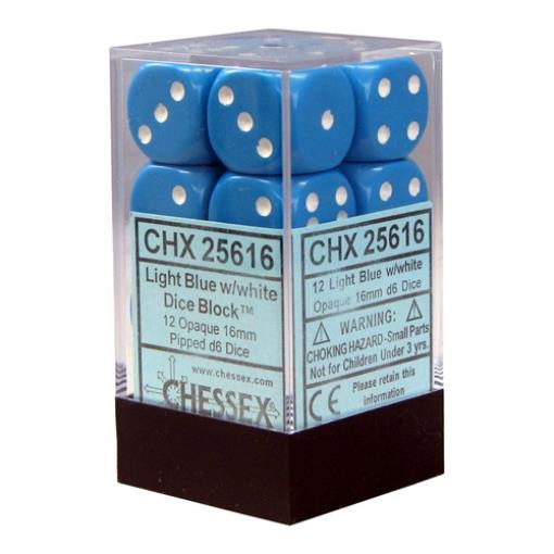 Chessex Opaque 16mm d6 Dice Block - Light Blue/White (12 Dice) (CHX25616)