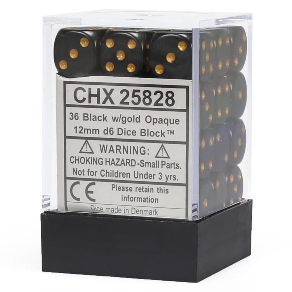 Chessex Opaque 12mm d6 Dice Block - Black/Gold (36 Dice) (CHX25828)