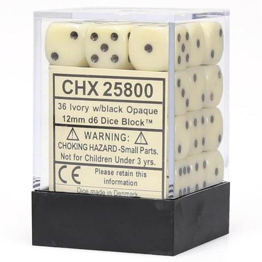 Chessex Opaque 12mm d6 Dice Block - Ivory/Black (36 Dice) (CHX25800)