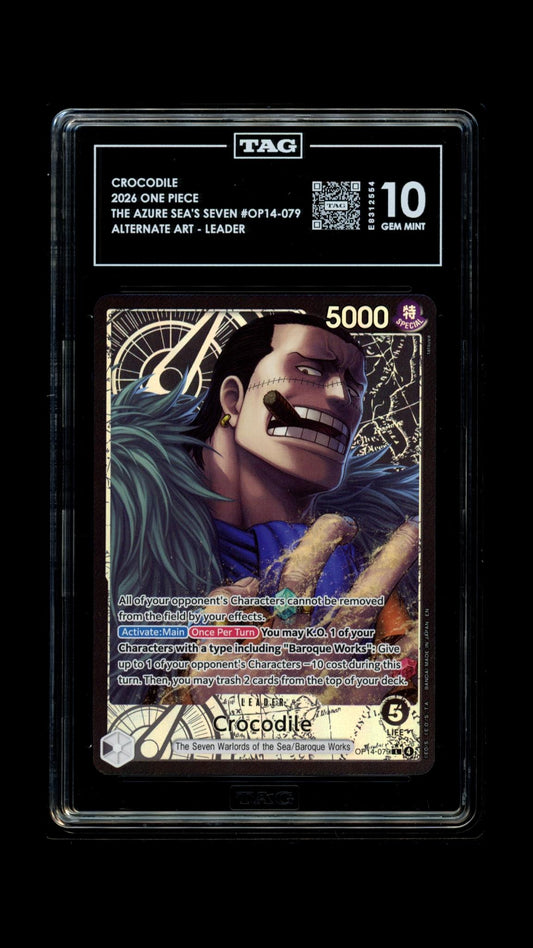 Official TAG cert photo - TAG 10 Crocodile OP14-079 L Alternate Art Leader 2025 ONE PIECE