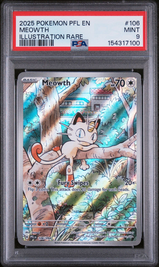 Meowth 106/094 Illustration Rare Phantasmal Flames PSA 9 slab front