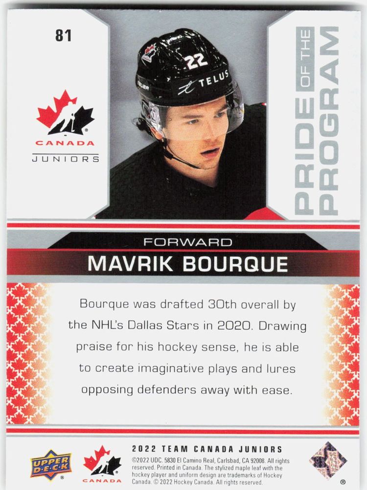 Mavrik Bourque 2022 Upper Deck Team Canada Juniors Pride of the Program #81