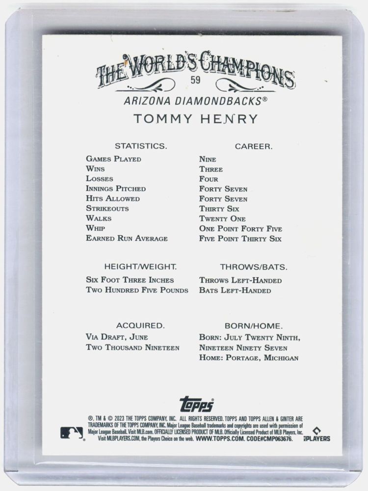 Tommy Henry 2023 Topps Allen & Ginter Rookie #59