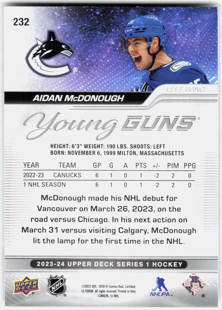 Aidan McDonough 2023-24 Upper Deck Young Guns Rookie #232 back