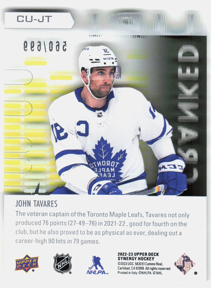 John Tavares 2022-23 Upper Deck Synergy Cranked Up #CU-JT (/699) back