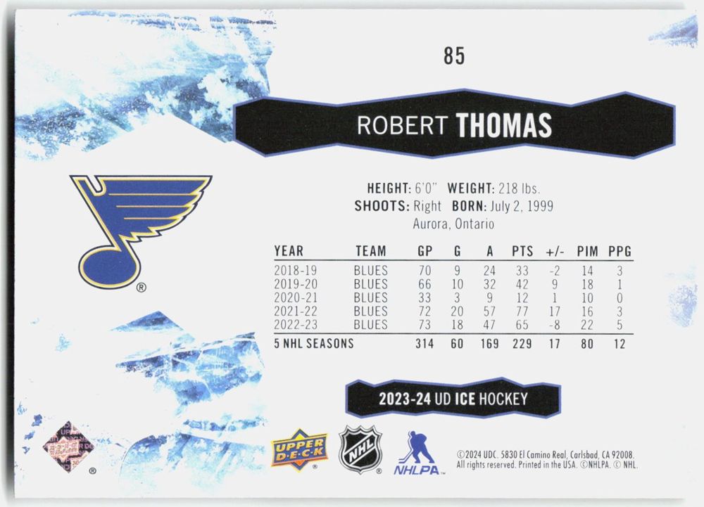 Robert Thomas 2023-24 Upper Deck Ice #85 back