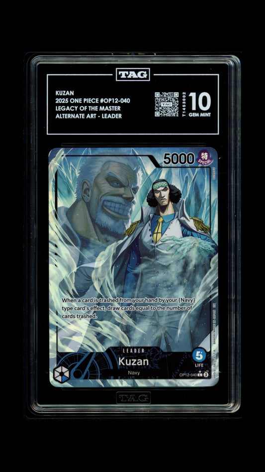 Kuzan OP12-040 Leader Alternate Art TAG 10 slab front, cert T1453002