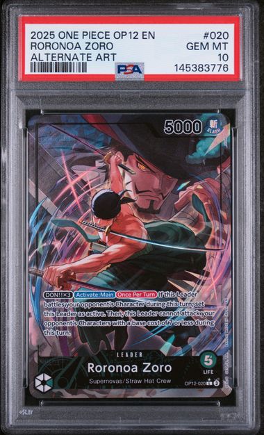 Official PSA cert photo - RORONOA ZORO ALT ART LEADER OP12-020 LEGACY OF THE MASTER PSA 10 EN