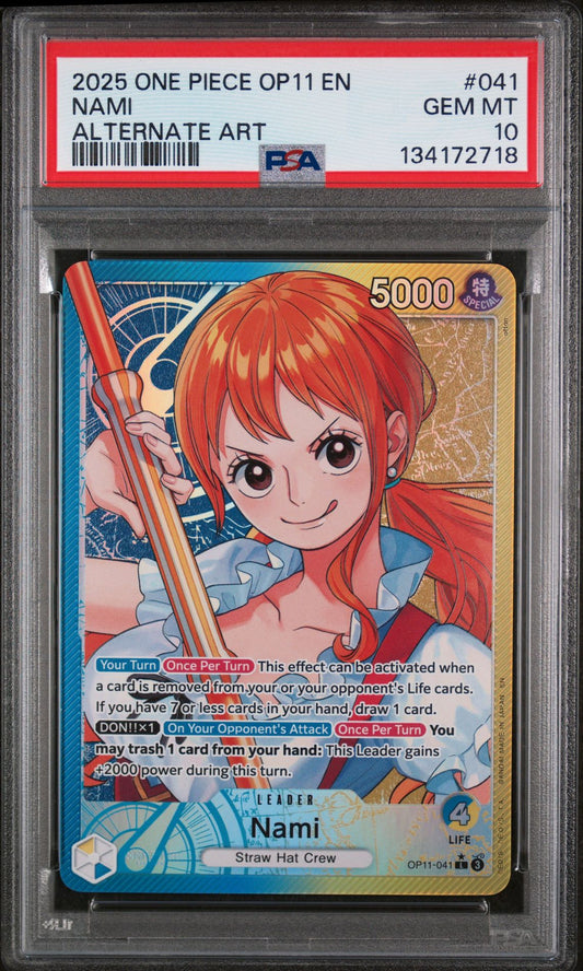 Official PSA cert photo (front) - Nami Leader Alt Art OP11-041 PSA 10 - cert 134172718