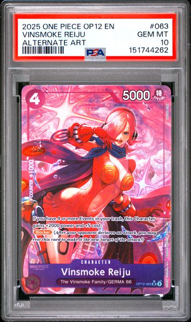 Official PSA cert photo - One Piece Vinsmoke Reiju Alt Art Foil Legacy of the Master OP12-063 PSA 10