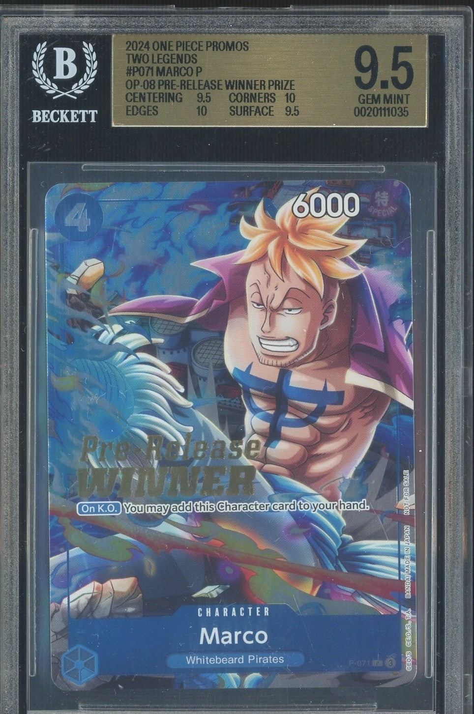 Marco P-071 OP-08 Pre-Release Winner Promo BGS 9.5 Gem Mint slab front - cert 0020111035