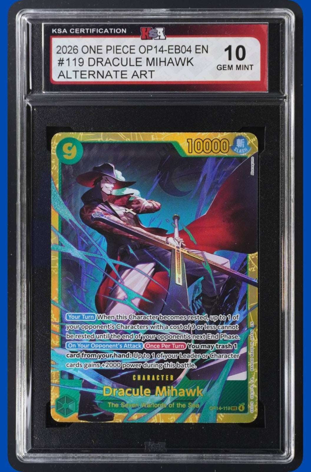 Dracule Mihawk OP14-119 Alternate Art KSA 10 Gem Mint slab front - cert 60628175