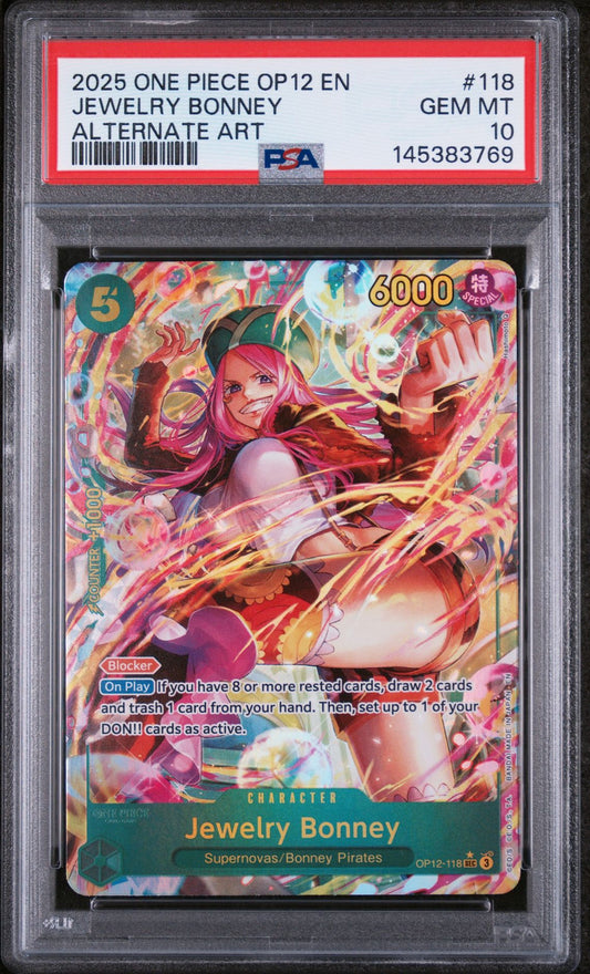 Official PSA cert photo - 2025 ONE PIECE OP12-LEGACY OF THE MASTER 118 JEWELRY BONNEY ALT ART (EN) PSA 10