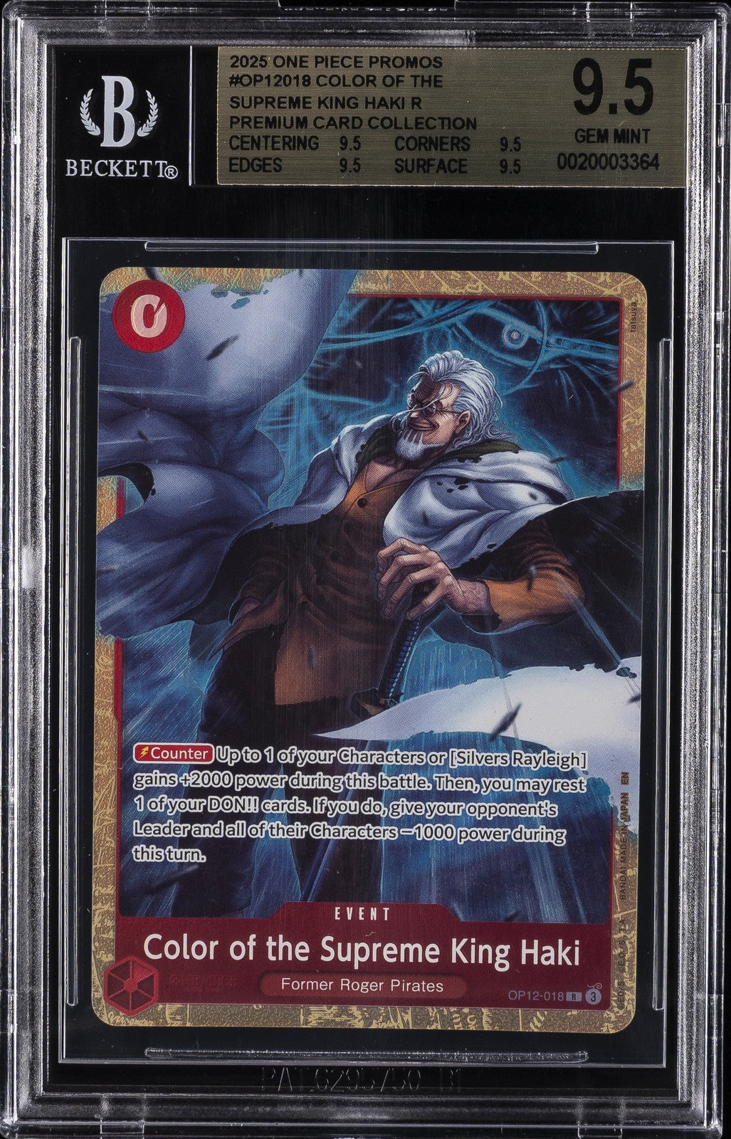Color of the Supreme King Haki OP12-018 Premium Assort Vol 1 BGS 9.5 slab front - cert 0020003364
