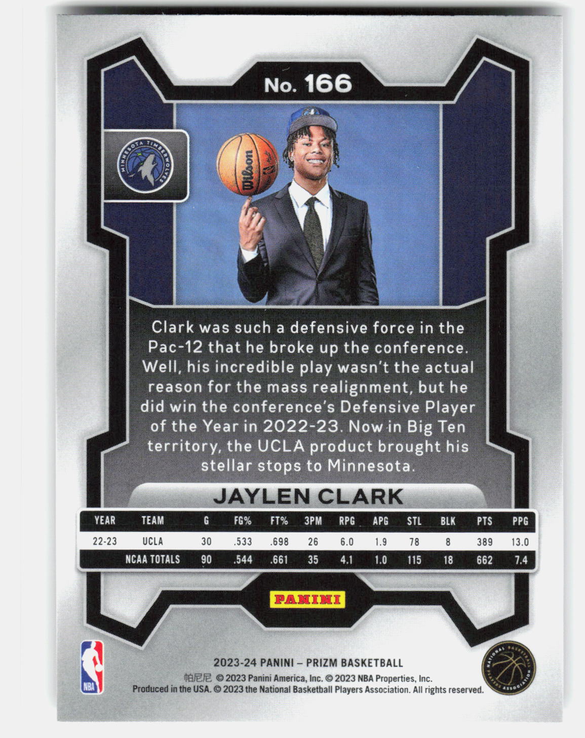 Jaylen Clark 2023-24 Panini Prizm Rookie #166 back