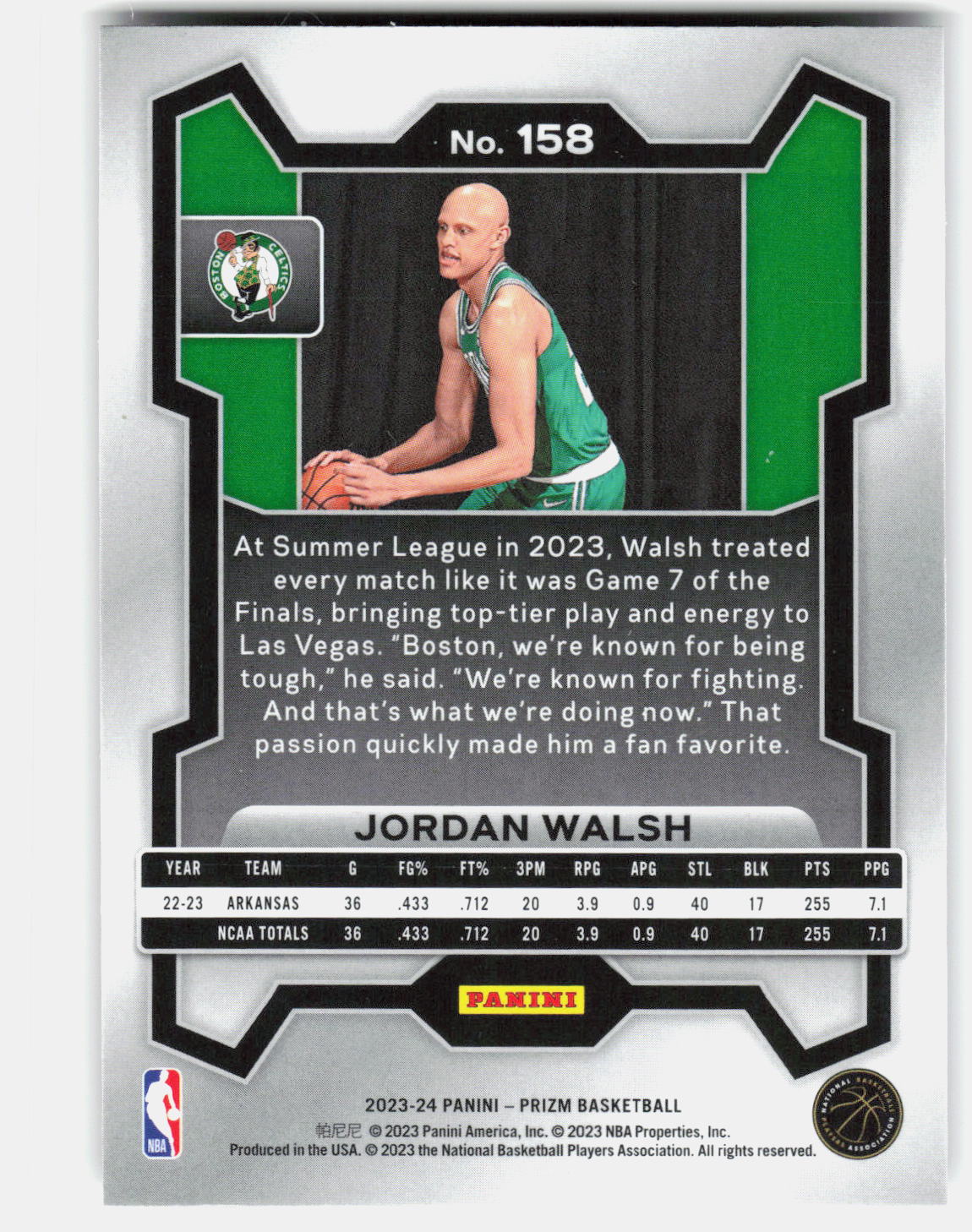 Jordan Walsh 2023-24 Panini Prizm Rookie #158 back