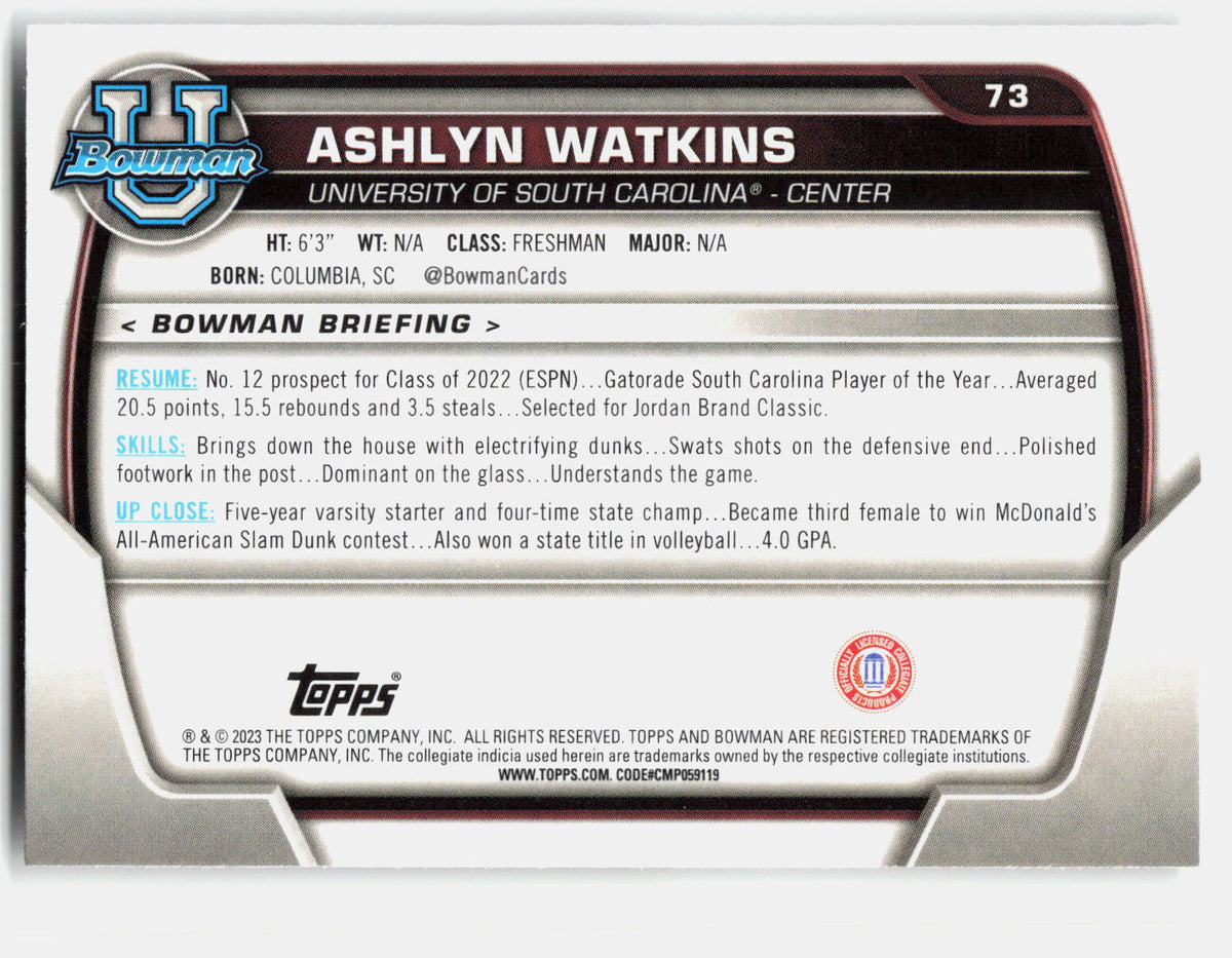 Ashlyn Watkins 2022-23 Bowman University Chrome 1st Bowman #73 back