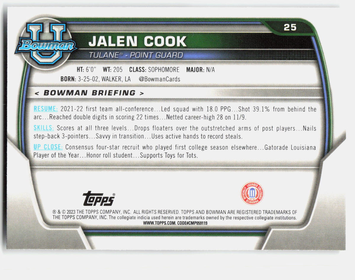 Jalen Cook 2022-23 Bowman University Chrome 1st Bowman #25 back