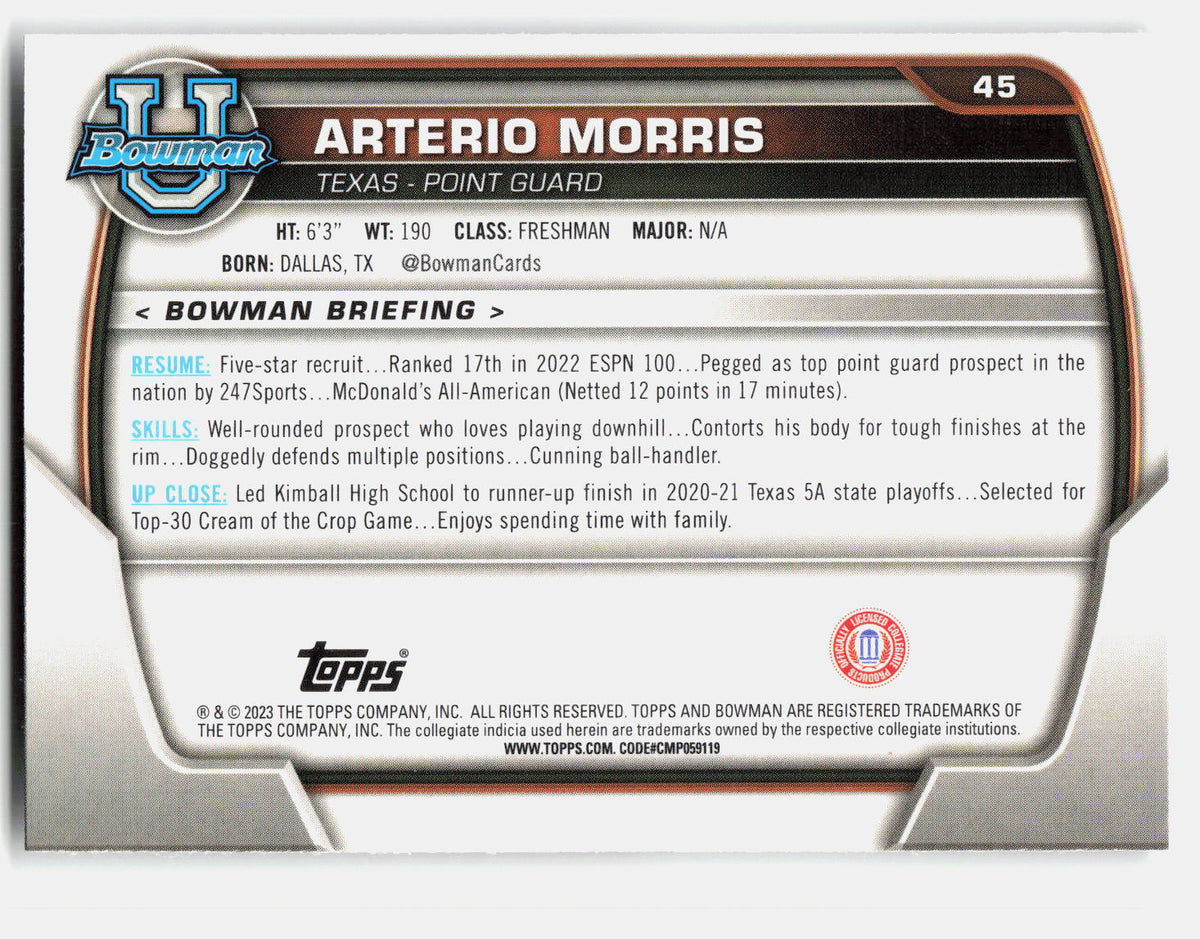 Arterio Morris 2022-23 Bowman University Chrome 1st Bowman #45 back
