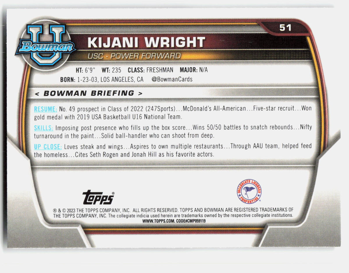 Kijani Wright 2022-23 Bowman University Chrome 1st Bowman #51 back