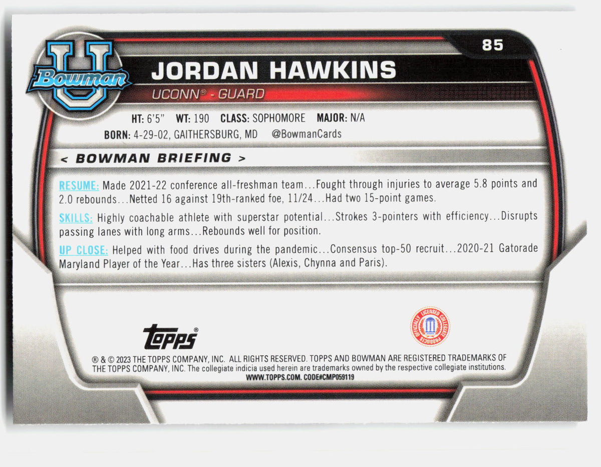 Jordan Hawkins 2022-23 Bowman University Chrome 1st Bowman #85 back