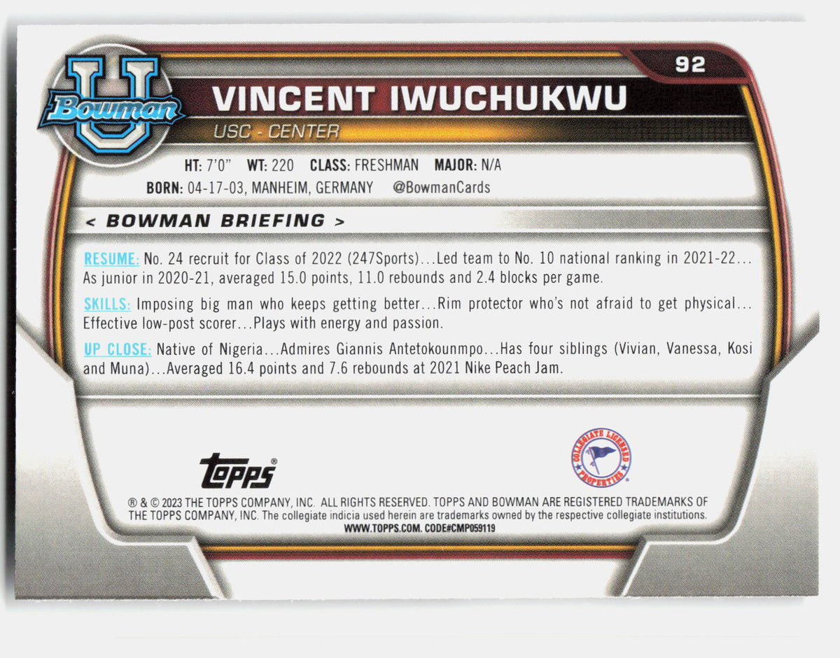 Vincent Iwuchukwu 2022-23 Bowman University Chrome 1st Bowman #92 back